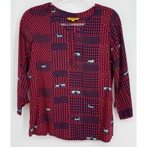Global Desi Womens Red Navy Blue Geometric Animal Print Tunic Blouse Sz S